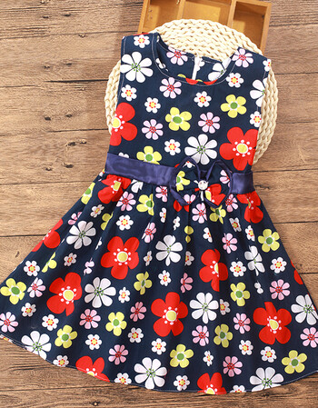 女童中长款连衣裙夏洋气新款3-9公主裙中大童小女孩碎花裙子 黑底花