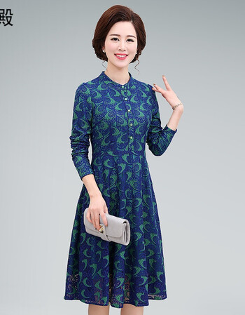 年轻妈妈过膝连衣裙秋装中年蕾丝40-50岁高贵大码中老年女装长裙 蓝色