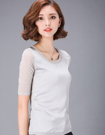 派尼美特2018夏装新款韩版修身大码雪纺衫网纱中袖女打底衫纯色上衣