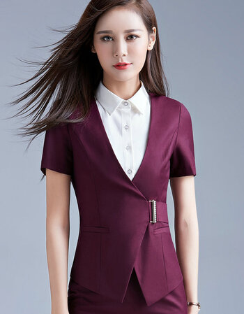 2017夏传统ol经典短袖职业女裙套装面试销售酒店女正装工作西服 酒红