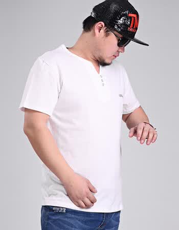 夏季男士胖男加肥加大码v领短袖t恤特大号超大码胖子肥佬半袖t恤 白色