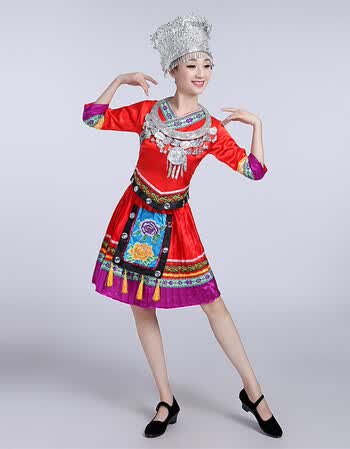 苗族百褶裙演出服女苗族舞蹈服装云南少数民族贵州湘西广场舞 红色