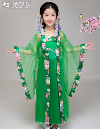 古装仙女装女童唐装公主裙古代汉服贵妃装摄影写真小孩古筝服 绿色