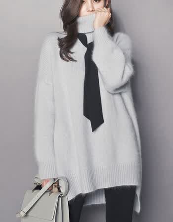 春秋装女款韩版宽松加厚长袖白色中长款高领套头毛衣女针织衫 灰色 m