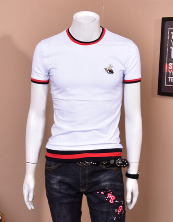 南极人欧洲站小蜜蜂刺绣丝光棉短袖t恤男装新款夏季条纹修身半袖t大码