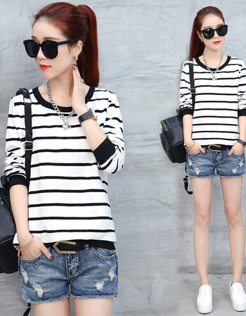 藜(fanli)春装斑马线卫衣黑白条纹t恤女宽松长袖韩版学生打底衫上衣服