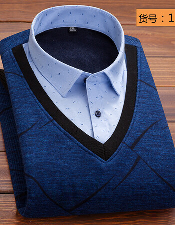冬季新款假两件男士休闲加绒加厚印花保暖衬衫鸡心领长袖衬衫 1811 l