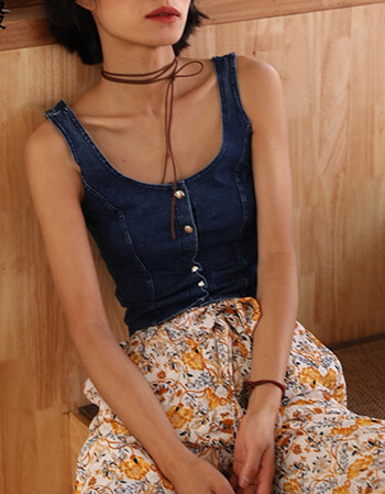 槑叕复古性感高腰露肚脐上衣牛仔吊带背心度假背带装 蓝色 s