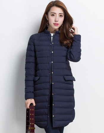 恒源祥羽绒服女中长款时尚秋冬新款女装立领白鸭绒纯色纽扣薄外套