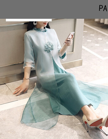 妈妈装新娘喜婆婆结婚宴服复古典雅雪纺长裙35岁到45的连衣裙 烟青色