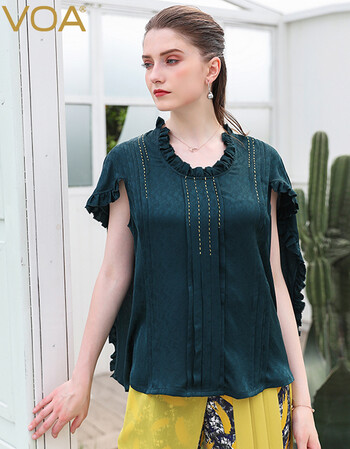 voa真丝上衣孔雀绿圆领短袖欧美风优雅木耳边丝绸桑蚕丝女t恤衫