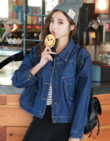 大码牛仔外套女韩版宽松长袖短款修身显瘦牛仔上衣女 深蓝色【版】 s