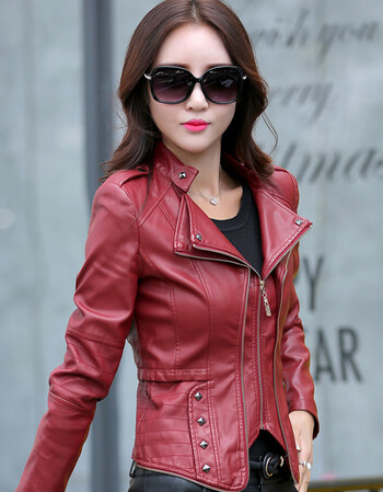 xingxiu秋季新款皮衣女短款修身pu皮韩版潮立女装外套1689 深红色 m