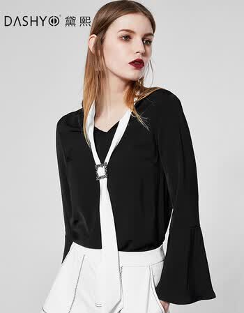 黛熙喇叭袖雪纺衫女2018年夏季新款女装v领纯色修身显瘦打底dj8115