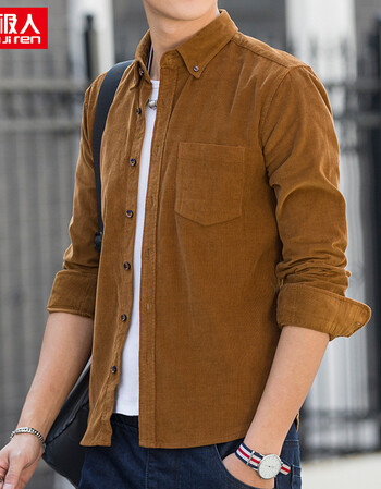 男士长袖衬衫2018春装纯色灯芯绒韩版修身时尚扣领衬衣棉 棕色 l