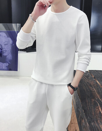 杰仕春季套装男新款纯色套头休闲套装男青少年运动服韩版两件套 白色