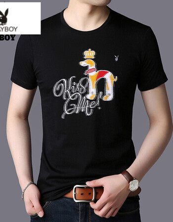 花花公子花公子短袖t恤男装2018夏季新款男士丝光棉印花圆领上衣修身