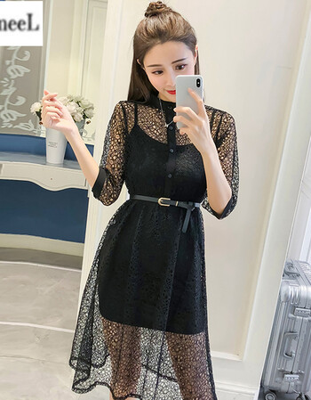 2018新款春夏装初中学生蕾丝休闲镂空连衣裙少女韩版气质两件套装女