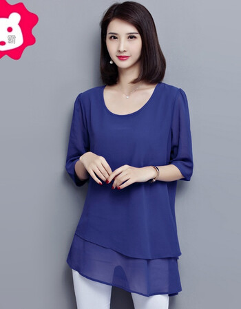 2018春夏韩版短袖雪纺衫女宽松大码上衣胖mm夏装妈妈衣服 蓝色 3xl