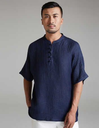 亚麻唐装男士短袖中式圆领休闲t恤薄款中老年男装 深蓝色 m