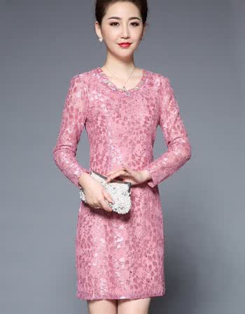 时尚新娘母结婚庆婚礼妈妈装蕾丝连衣裙春夏装婚宴年轻气质礼服 粉色