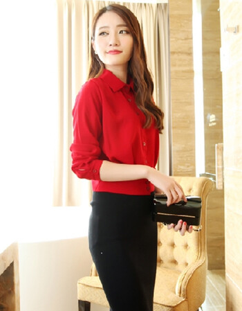 淘衣街2015秋季女装新款韩版百搭短款纯色收腰长袖衬衫衬衣女 雪纺衫P9832 红色 L
