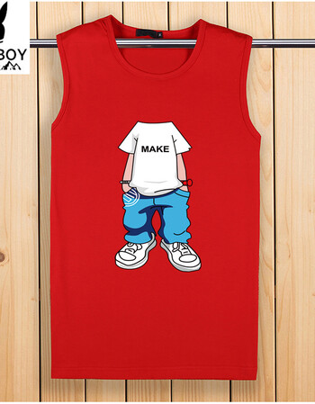 背心男士宽松休闲运动无袖卡通印花t恤韩版圆领套头短袖 红色无头人