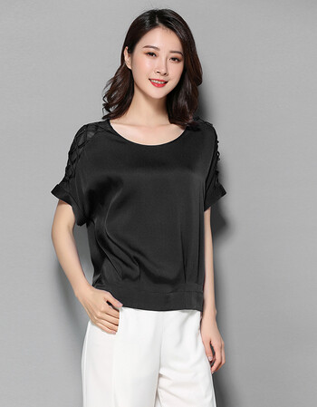 简约纯色真丝上衣女士短袖2018夏重磅新款妈妈宽松半袖桑蚕丝t恤 黑色