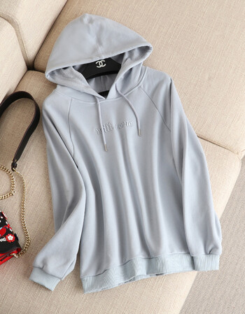 大码女装2017秋装新款字母刺绣毛圈纯棉连帽插肩袖卫衣长袖上衣女 浅