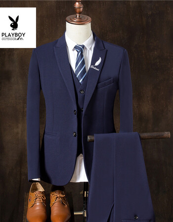 花花公子2018无头2018春装06中长款西服套装男士西服三件套刺绣结婚