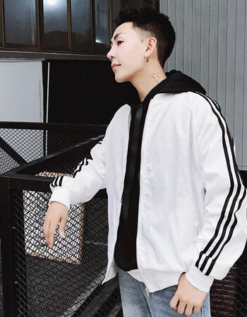 春秋男宽松情侣连帽夹克男士青年百搭运动外套潮流 三杆夹克白色单层