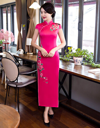 旗袍夏季新款女中国风复古中式修身走秀改良版祺袍连衣裙 7022玫红色