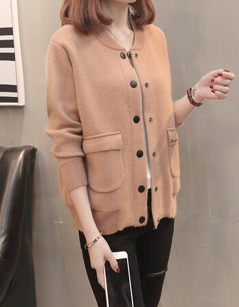 春装新款韩版宽松针织衫女开衫低圆领口袋短款毛衣外套女装上衣潮