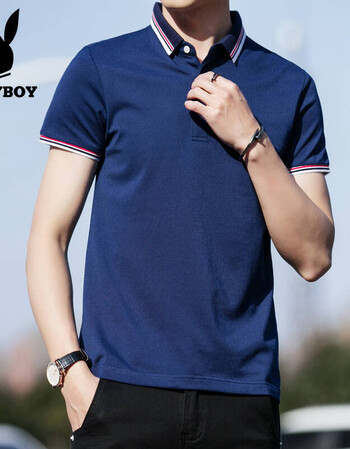 短袖t恤男新款翻领纯色棉质男士休闲潮流polo衫 深蓝色 175-xl