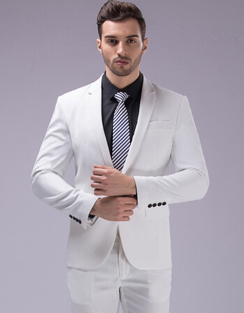 潮男装时尚修身西装两件套男士新郎伴郎大码商务西服套装 白色 l-175