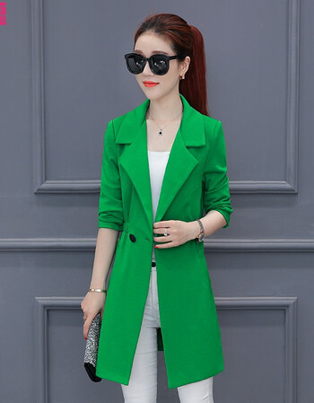 外套女2018秋装新款韩版中长款修身气质女士西服时尚百搭潮春装 绿色