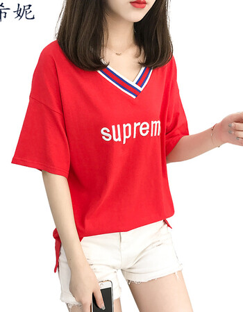 歌希妮【免邮】实拍新款新款v领刺绣字母短袖t恤女 红色 m