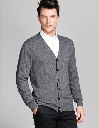 秋冬新款男装外套加厚羊绒衫男v领开衫中老年针织外套羊毛衫 深灰色 m