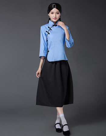 民国学生装中长裙女五四青年装民国套装演出服民国服装民国风女装 蓝