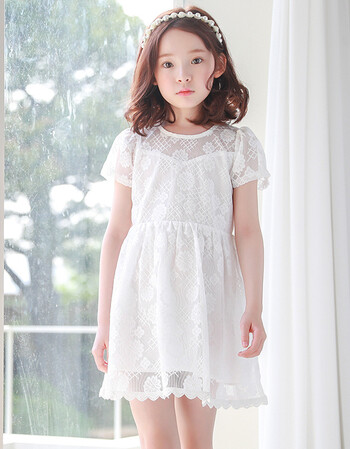 中大童短袖公主裙春夏修身镂空蕾丝百褶裙儿童中长荷叶边连衣裙女童