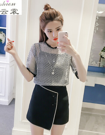 初中高中学生少女装2018夏装新款韩版宽松显瘦短袖甜美镂空女士蕾丝