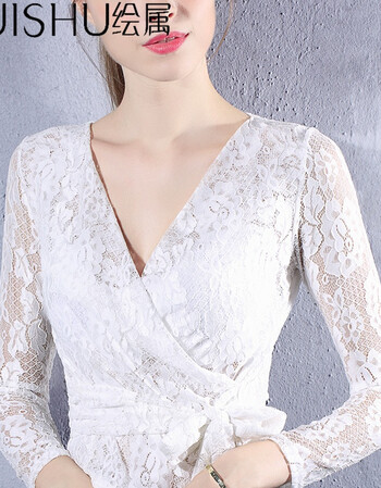 huishu绘属 2018时尚新款蕾丝露胸打底衫性感深v低胸长袖t恤女镂空露