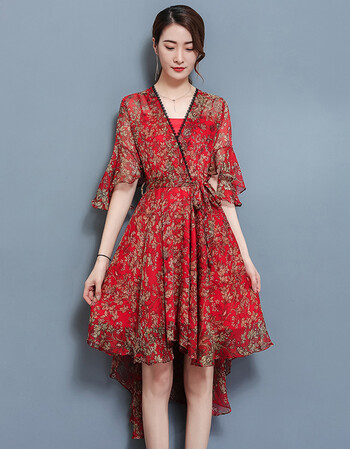 2018夏季新款时尚韩版显瘦v领燕尾裙子印花雪纺女中长款连衣裙 红色 l