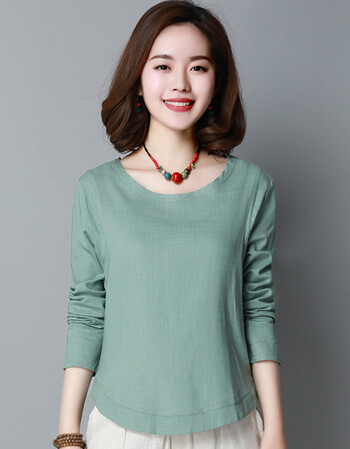 夏尔维纳棉麻长袖t恤女宽松2018春装新款韩版纯色圆领打底衫女上衣 豆