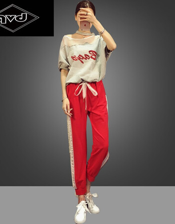 珠卫衣 裤子休闲运动套装女夏潮牌两件套2017新款 灰色上衣 红色裤子