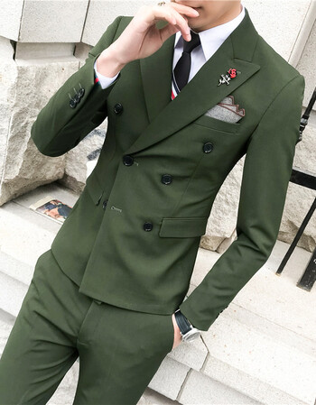 2018春季新款韩版小西装 西服套装 结婚礼服三件套 军绿色 军绿色 54