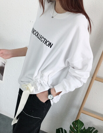 18早春新款时尚搭卫衣女宽松休闲套头衫圆领系绳打底衫少女潮 白色