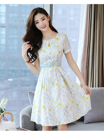 梵藜2018新款夏装时尚气质碎花短袖中长款连衣裙淑女装夏季显瘦裙子女