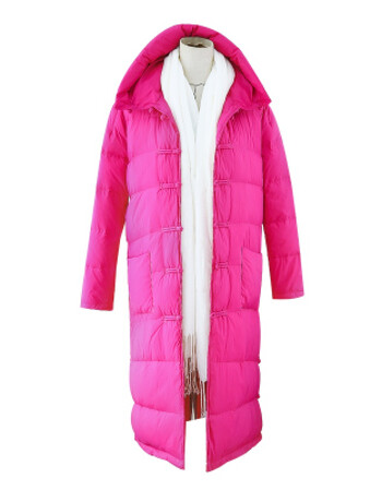 【】中国风盘扣2017长款羽绒服女过膝加长款加厚宽松外套 玫红色 l