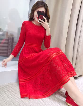 ren红裙子女2018新款新娘礼服敬酒服红色中长款蕾丝连衣裙春夏长袖